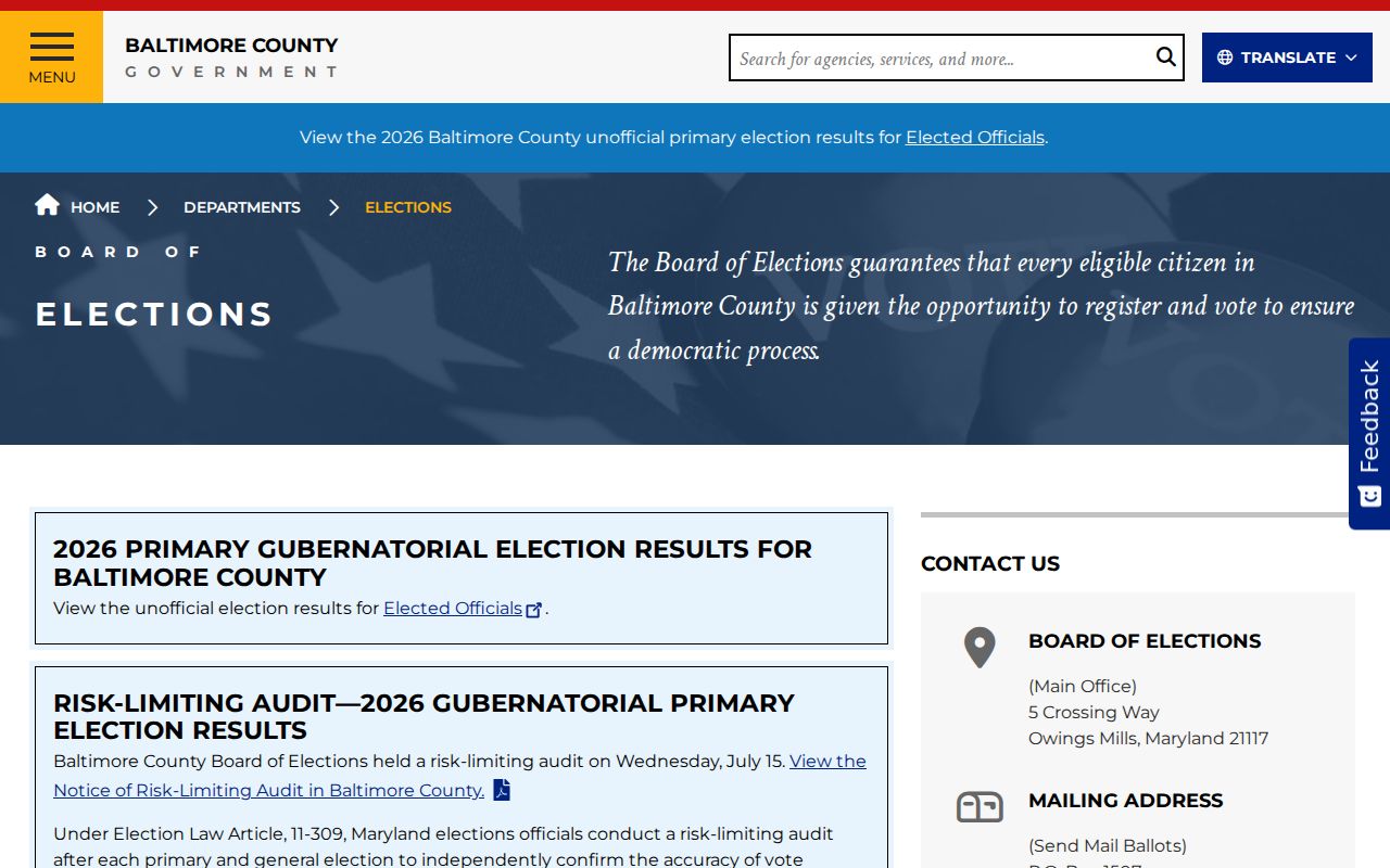Parkville voter registration records at Baltimore County Board of Elections